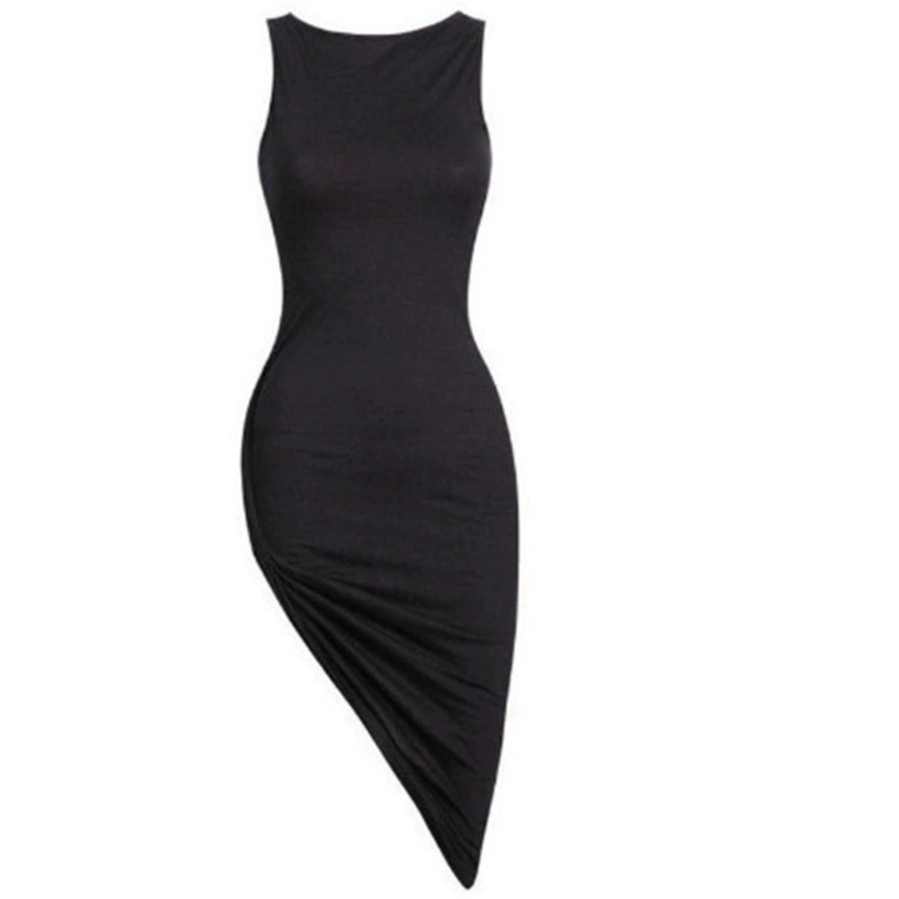 H&M Sexy Solid Color Sleeveless Round Neck Slanted Hem Bodycon Mini Party Dress